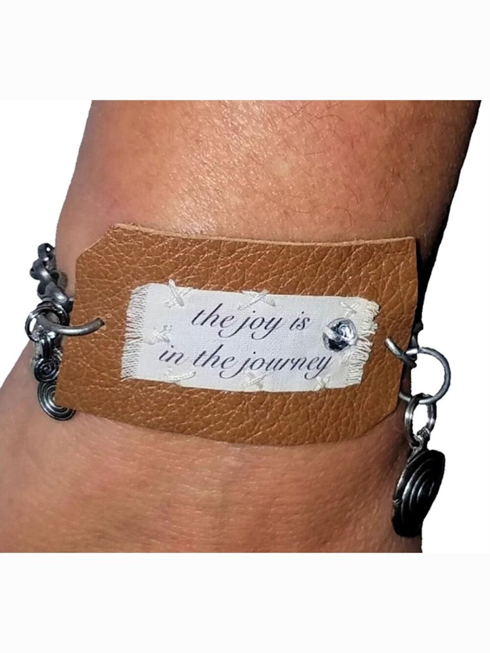 Repurposed Leather Cuff Bracelet Charms Traveler Gift The Joy Is In The Journey